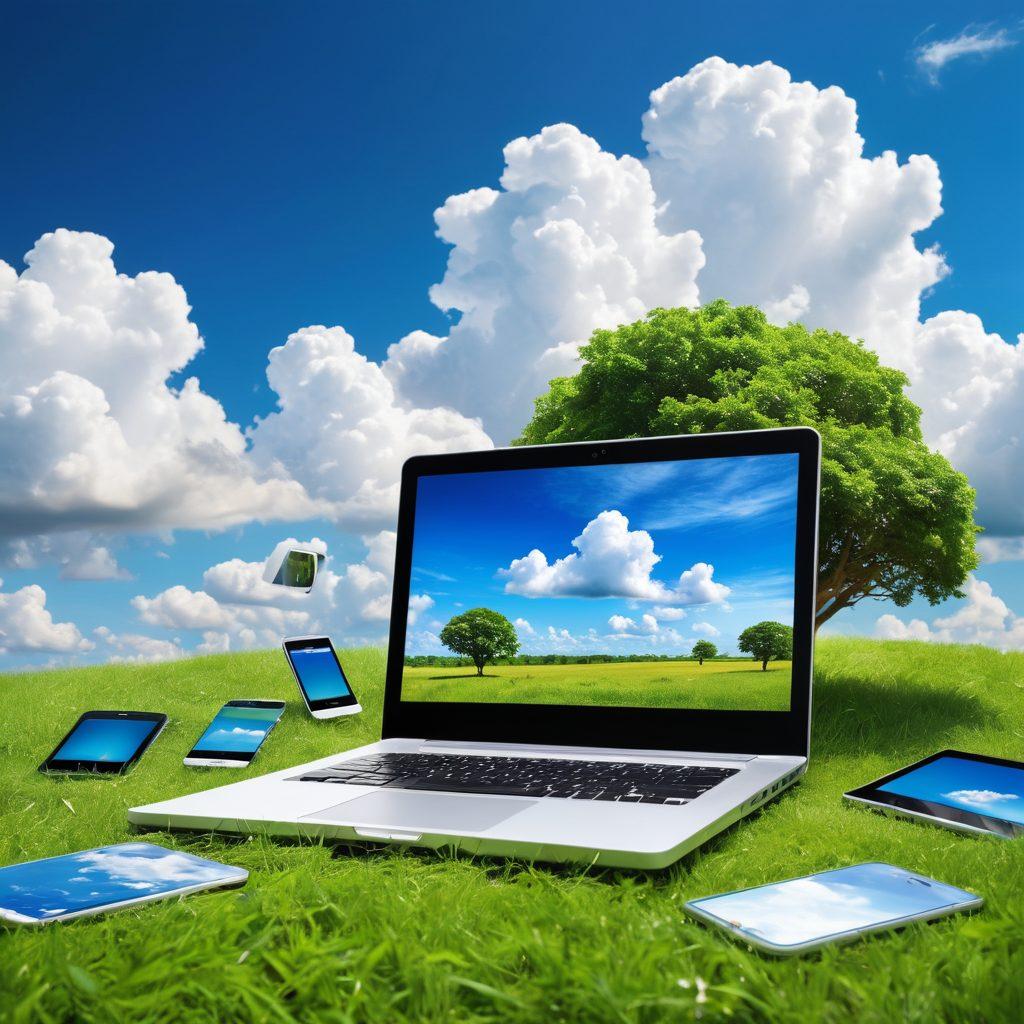 A vibrant landscape showcasing a diverse range of blogging tools and trends, such as laptops, smartphones, social media icons, and creative content scattered across a scenic background, symbolizing growth and opportunity in online success. Include a bright sky and lush greenery to convey a sense of exploration and innovation. super-realistic. vibrant colors.