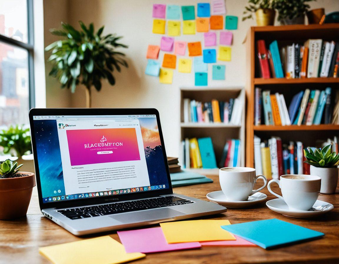 A cozy, inviting workspace with a laptop open displaying a vibrant blog interface. Surround it with motivational quotes on sticky notes, colorful books on blogging and networking, and a steaming cup of coffee. In the background, depict a diverse group of people engaging in conversation, symbolizing community and connection. Incorporate warm lighting to create an inspiring atmosphere. super-realistic. vibrant colors. 3D.