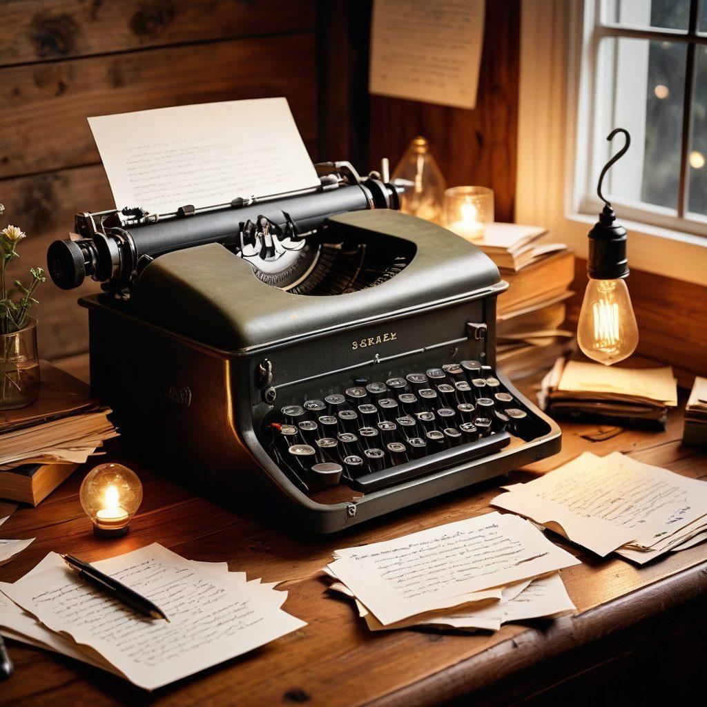A vintage typewriter on a wooden desk surrounded by scattered sheets of paper with handwritten notes, glowing lightbulbs symbolizing ideas floating above, a steaming cup of coffee, and an open laptop showing a blog interface. The scene should evoke a sense of creativity and inspiration for aspiring writers. warm tones. cozy atmosphere. artistic brush strokes.
